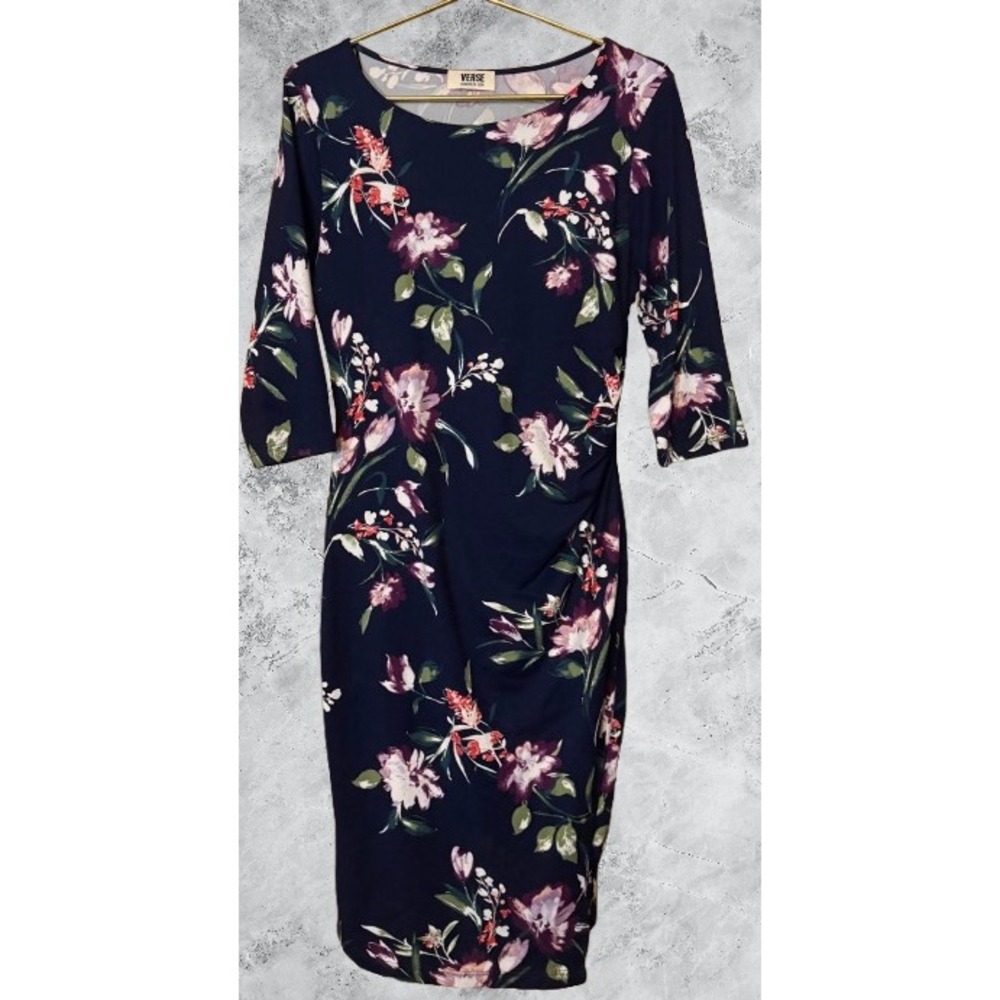 Verse Navy Floral Ruched Sheath Dress 3/4 Sleeve Made in USA Size M 2318DR7